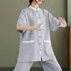 Verano 2025 Nuevo Estilo Chino Retro Holgado Adelgazante Casual Elegante Zen Ropa de Té Ropa de Yoga Traje de Tai Chi para Mujer