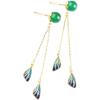 Aretes de Calcedonia Verde Natural, Aretes Largos Elegantes de Plata Esterlina Chapada en Oro, Falda Larga, Aretes de Disfraz Hanfu