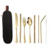 Kit de Viagem Outdoor Transfronteiriço Portátil de Aço Inoxidável com Faca, Garfo, Colher, Escova, Canudo para Chá de Bolhas e Hashis - Conjunto de 8 Peças