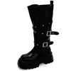 Fivela de cinto estilo punk, botas de motocicleta para mulheres, novas botas de montaria de cano médio para o outono de 2026, botas de moda versáteis com sola grossa para aumentar a altura
