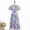 Ropa de Mujer Transfronteriza: Vestido Largo de Cuello Alto de Botones Sencillos, Vestido de Verano con Mangas Abullonadas, Cintura Ceñida, Falda Acampanada Adelgazante, Conjunto de Dos Piezas
