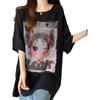 Camiseta com Capuz Estampada de Desenho Animado Tamanho Plus Size Manga Curta para Mulheres Verão 2025 Nova Solta Cobertura Visual Emagrecedor Gordura mm Tops para Mulheres