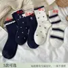 Calcetines de forro polar australiano con diseño de oso azul marino para mujer, otoño e invierno, engrosados y de felpa, de longitud media, con lunares en forma de corazón y encaje, para calidez en interiores