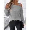 Fotos Reais do Site Independente Shein 1688 Aliexpress Suéter Pulôver de Cor Sólida com Gola Assimétrica Mais Vendido