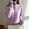 Cárdigan de terciopelo grueso de siete puntadas amigable con la piel, cuello alto para mujer, abrigo de punto cálido y versátil de invierno con botones rojos, suéter de lana