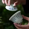 Tigela Gai de Poesia Ercai Azul e Branco Escrita à Mão Shanding Poesia de Inscrição em Quarto Shabby Tigela de Chá Doméstica Vintage Tigela de Chá Doméstica de Cerâmica
