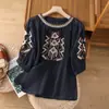 277 # Camisa de algodón y lino con bordado pesado de manga tres cuartos para mujer, verano, corte holgado, adelgazante, jersey de cuello redondo, top de lino elegante