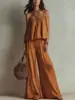Conjunto de Dos Piezas de Verano: Camisola Sencilla de Cuadrado de Verano Estilo Francés Color Sólido con Pantalones Casuales de Pierna Ancha de Cintura Alta Versátiles