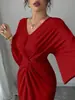 Vestido Sexy para Mujer de Estilo Europeo y Americano con Cuello en V, Ajuste Ceñido, Mangas Murciélago Elegantes, Diseño de Giro Francés, Vestido con Abertura