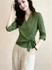 2026 Verano Nueva Moda Elegante Camisa de Manga Tres Cuartos con Cuello en V Adelgazante Blusa de Temperamento Adelgazante Primavera Verano Nicho Mujer