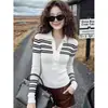 Top de punto elegante versátil de manga larga ajustado con cuello polo a rayas de bloques de color estilo coreano para mujer