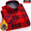 Camisa masculina xadrez quente para outono e inverno, manga longa, forrada com fleece, espessada, casual, de negócios, sem necessidade de passar, tamanho grande para meia-idade e idosos