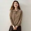 Suéter de manga larga para mujer, polo de cachemira con botones de cuerno, patrón de rombos en jacquard, estilo casual, tejido versátil