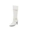 Novas Botas Femininas Britânicas de Cano Alto Bico Fino Rebite Fivela de Cinto Botas de Cavaleiro Botas Finas Botas de Salto Alto Até o Joelho Comércio Exterior