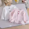 Top de punto dulce para niñas 2026 Primavera y Otoño Nuevo Estilo Coreano Lazo Versátil Encaje Patchwork Camisa Básica