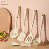 Juego de 5 Utensilios de Cocina de Silicona Bicolor, Mango Minimalista de Silicona, Kit de Espátula Cuchara para Sopa y Arroz