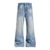 Pantalones acampanados de mezclilla lavada y desgastada estilo retro americano con un toque hippie, pantalones holgados para hombre con bolsillos traseros de color contrastante