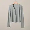 Camisa Base Feminina de Fibra de Bambu, Gola V, Botões Frontais, Manga Longa, Cor Sólida, Estilo Primavera e Outono, Roupa Feminina