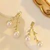 Brincos de Pérola com Folha de Diamante Dois Usos de Luxo Leve, Estilo Elegante de Dama, Brincos Versáteis Que Modificam o Formato do Rosto