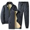 Casaco de pele de cordeiro de inverno gola alta acolchoado com algodão casaco acolchoado com algodão jaqueta acolchoada com algodão forrada de fleece masculino tamanho plus size jaqueta acolchoada com algodão calça acolchoada com algodão colete de três peças