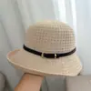 Sombrero de Pescador Tejido para Mujer de Primavera y Otoño, Copa Redonda, Protección Solar, Calado, Ala Corta, Sombrero de Paja con Correa de Cuero, Sombrero Solar de Protección Solar