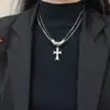 Colar Cruz Dupla Camada Totalmente Cravejado Doce e Cool para Mulheres, Corrente de Suéter de Luxo Leve, Acessório Tendência com Personalidade Retrô