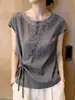 Camisa feminina cinza de cadarço, manga curta, nova moda verão 2026, design que rejuvenesce e emagrece, top com acabamento em renda