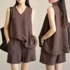 Conjunto Verão Algodão e Linho Colete Sem Manga Nova Moda Shorts Soltos Emagrecedores com Cordão Cintura Elástica Conjunto de Duas Peças