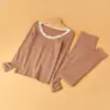 Outono e Inverno Gola Redonda com Renda Conjunto de Roupas e Calças de Outono para Mulheres Fino Alta Elasticidade Confortável Amigo da Pele Lã Seda Roupa Íntima Quente