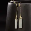 Brincos quadrados simples de jade branco femininos banhados a prata 925 estilo palácio brincos elegantes brincos longos com acessórios de cheongsam