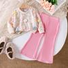 2025 Amazon Más Vendido Estilo Dulce Nuevo Conjunto de Suéter Pulóver de Manga Larga con Flores para Niñas y Pantalones Acampanados Rosas