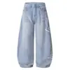 Jeans Retrô Lavado Europeu e Americano Personalizado com Estampa Lateral para Homens e Mulheres Cintura Alta Slim Solto Casual Calça Longa Scimitar