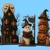 Productos de madera populares para ventas transfronterizas: Adornos de madera de Halloween, incluyendo un muñeco de nieve, una casa embrujada y una calabaza - un juego de tres adornos de madera