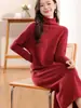 100% Lana Pura Tejida Falda Base Vestido de Manga Larga para Mujer Largo Todo Fósforo Holgado Cuello Alto Suave y Cómodo Agradable para la Piel