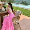 Vestido Largo Estilo Hada con Escote Halter y Espalda Descubierta, Puramente Atractivo, para Mujer, Vestido con Tirante Fruncido Blanco Roto para Vacaciones en la Playa