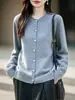 Suéter 100% Lana para Mujer Cuello Redondo Cardigan Engrosado Holgado Adelgazante Capa Base Simple Versátil Clásico de Punto Abotonado