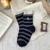 Calcetines Gruesos Cálidos Bordados para Perro para Mujer de Media Pantorrilla Otoño e Invierno Bloque de Color Rayados Simples Versátiles Estilo Universitario Calcetines Holgados para Chica