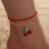 Conjunto de Joias de Pé com Miçangas Vermelhas em Camadas com Strass, Tornozeleira Cereja Conjunto de Três Peças, Acessórios Decorativos de Alta Qualidade