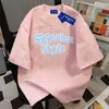 Camiseta de algodón 100% de peso pesado, estilo coreano, holgada para el verano, diseño estilo campus, tie-dye, cuello redondo, manga corta, para hombres y mujeres, parejas