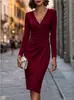 Vestido Europeu de Manga Longa com Decote V Bodycon Feminino Saia com Pregas Cruzadas Acinturada Vestido de Noite Apertado Cross-border para Banquete