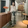 Jeans Americano Estilo Verão 2026 Tendência Padrão Raio Halo Lavagem Desgastada Modelador Cintura Baixa Solto Perna Larga para Mulheres