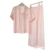 Pijama de Verano con Estampado Hueco de Manga Corta y Pantalón Largo de Seda Helada para Mujer, Estilo Popular en Línea, Conjunto Sencillo de Ropa de Casa para Mujer al por Mayor