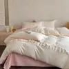 Juego de Ropa de Cama Estilo Princesa Crema Francesa 2026 Nuevo Algodón Lavado Sábana Ajustable Sábana Plana Funda de Edredón Juego de Cama de Tres Piezas