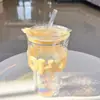 Vaso de vidrio de gota de lluvia con luz de colores, doble taza para beber, oficina, alto valor de color, vaso de agua, aislamiento térmico, tapa de vaso anti-quemaduras, vaso con pajita transparente