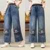 Jeans de Pierna Ancha Bordados de Dibujos Animados Desgastados para Mujer Verano 2025 Parche Bordado Pantalones Casuales de Mezclilla Versátiles