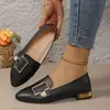 Mocasines de mujer de talla grande con hebilla metálica de perlas, zapatos poco profundos de punta fina, tacón grueso, adecuados para ir al trabajo