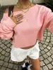 Sudadera corta de estilo europeo y americano para mujer, hombros descubiertos, color liso, hombros caídos, manga larga, holgada, hombro asimétrico, top corto casual para primavera y otoño