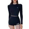 Traje de surf conservador de dos piezas para mujer, manga larga, negro, con protección solar, cintura alta, adelgazante, con perneras de corte recto y cobertura abdominal, adecuado para aguas termales y natación