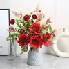 Combinação de girassol e crisântemo bola flores artificiais para decoração de casa, mesa de jantar, flores falsas, peças para vitrine, arte floral de luxo leve, atacado do fabricante