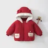 Jaqueta de algodão vermelha grande para bebê, blusa com capuz acolchoada espessa de 280g, casaco de algodão quente para meninos e meninas, roupa de outono e inverno para bebês e crianças pequenas